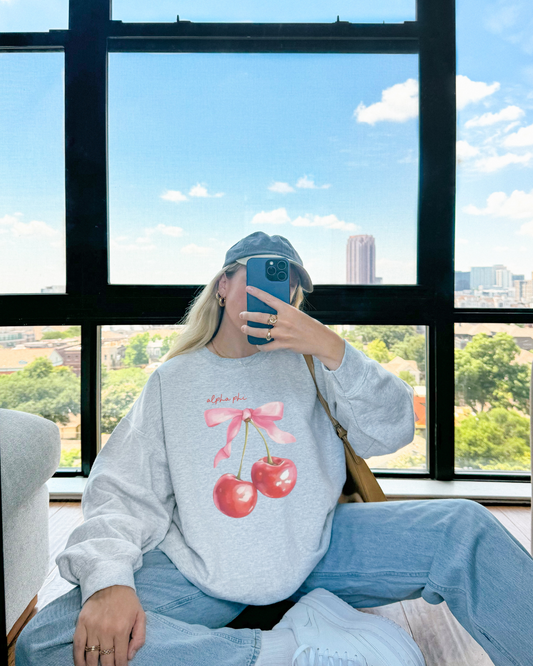 Pink Bow Red Cherry Gray Crewneck