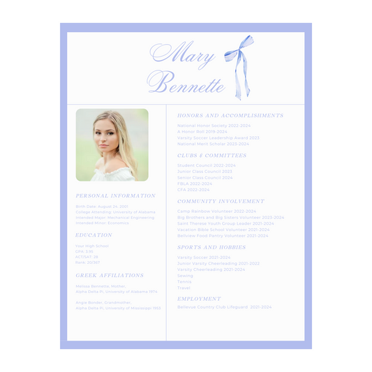 Blue Bow Sorority Resume