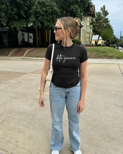 White Cursive Lettering Black T-Shirt