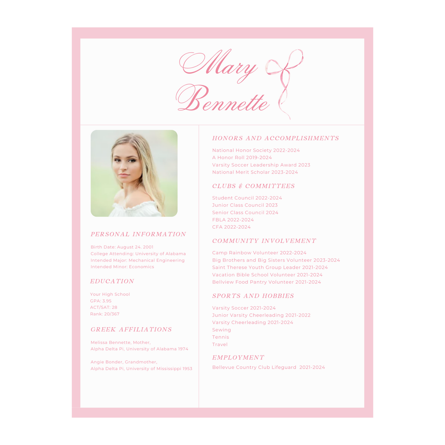 Pink Bow Sorority Resume